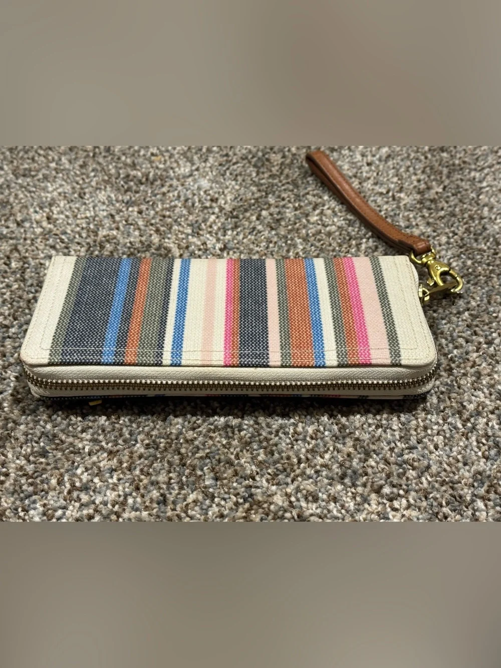 Fossil Striped Canvas Wallet in Pink, Blue, Brown & Cream Fully Zip Around